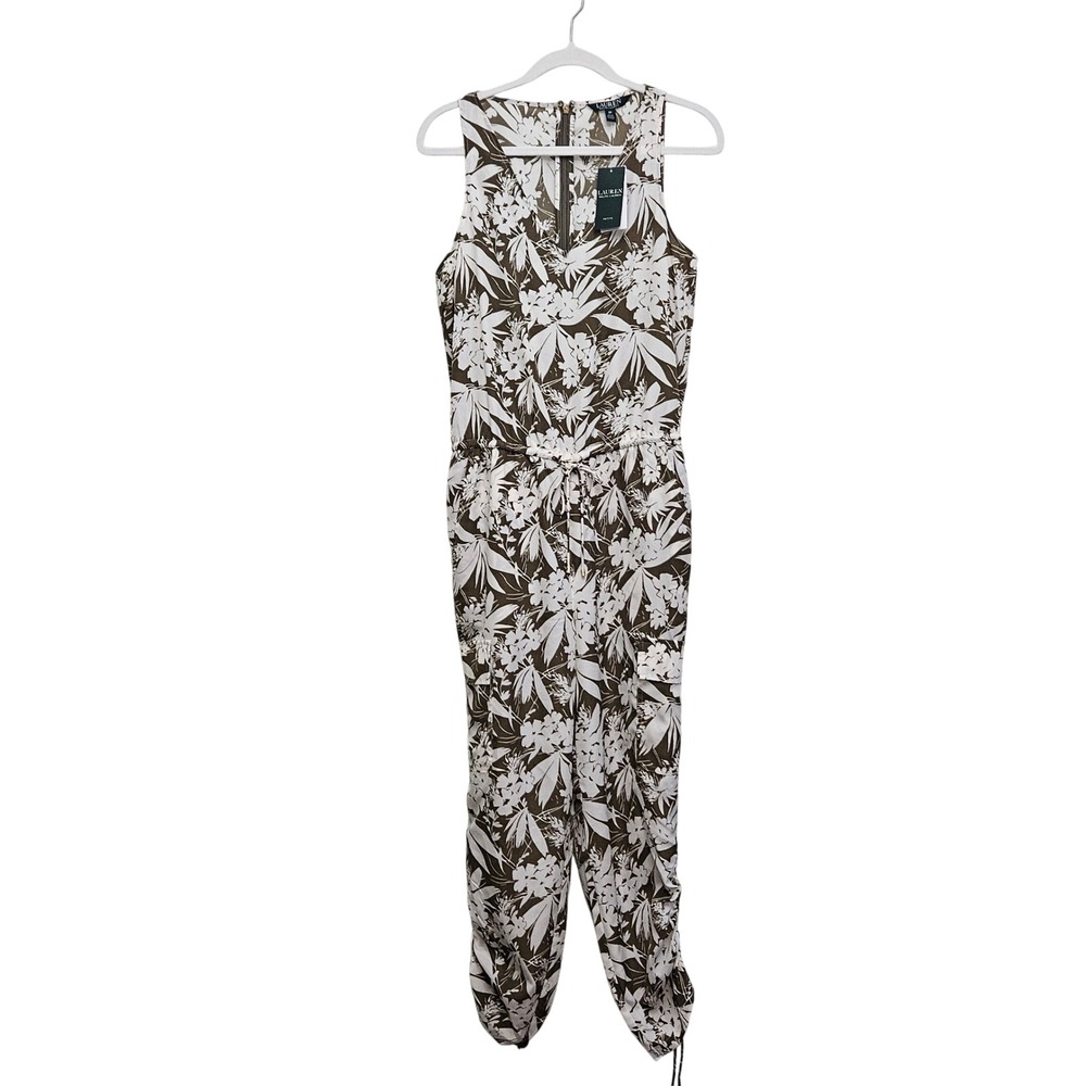 Lauren Ralph Lauren Jumpsuit Womens 8P Green Floral Tropical Ruched Petite New